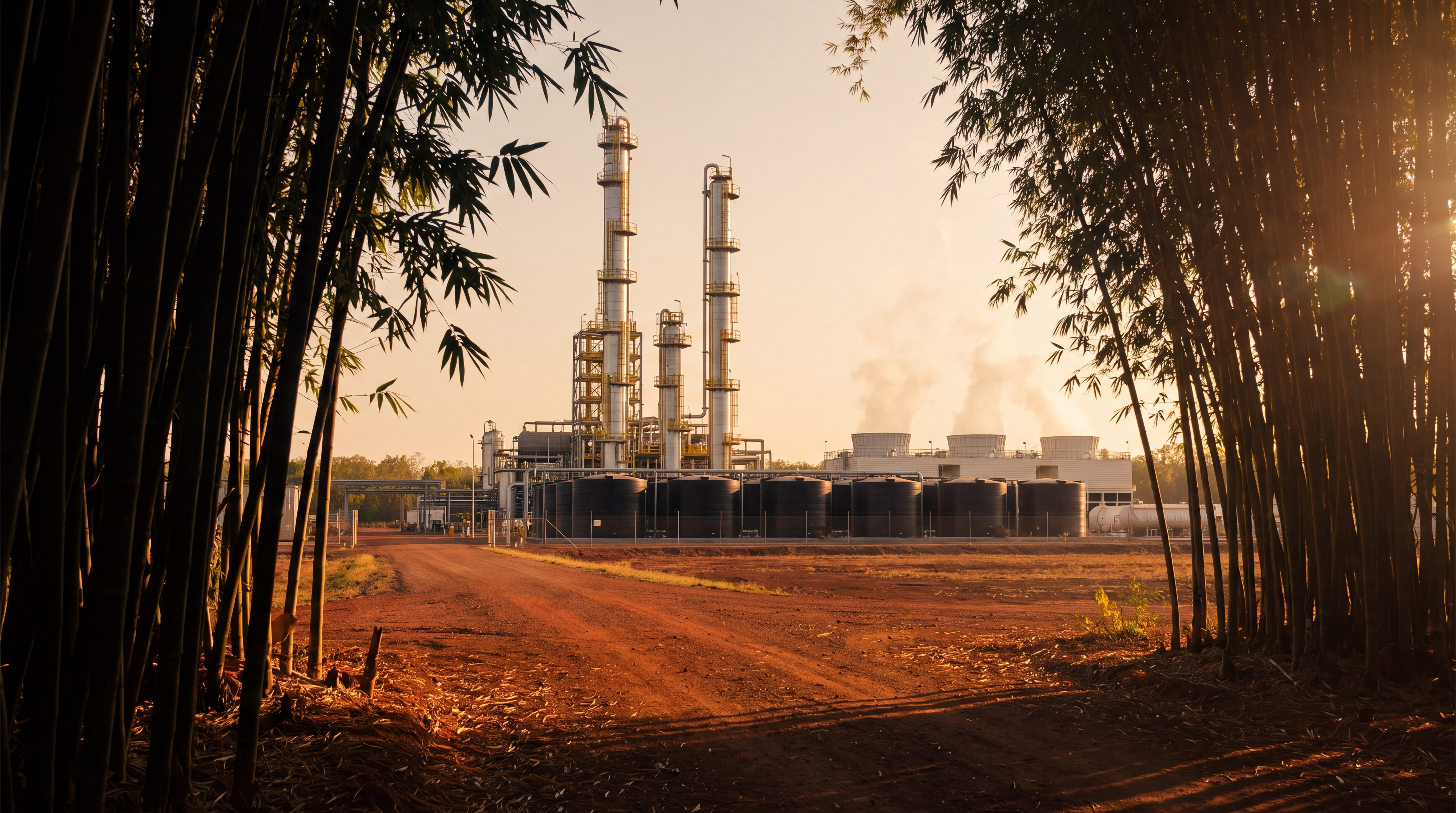 Concept visualisation of PRISM Burdekin distillation columns viewed from the bamboo plantation edge at golden hour