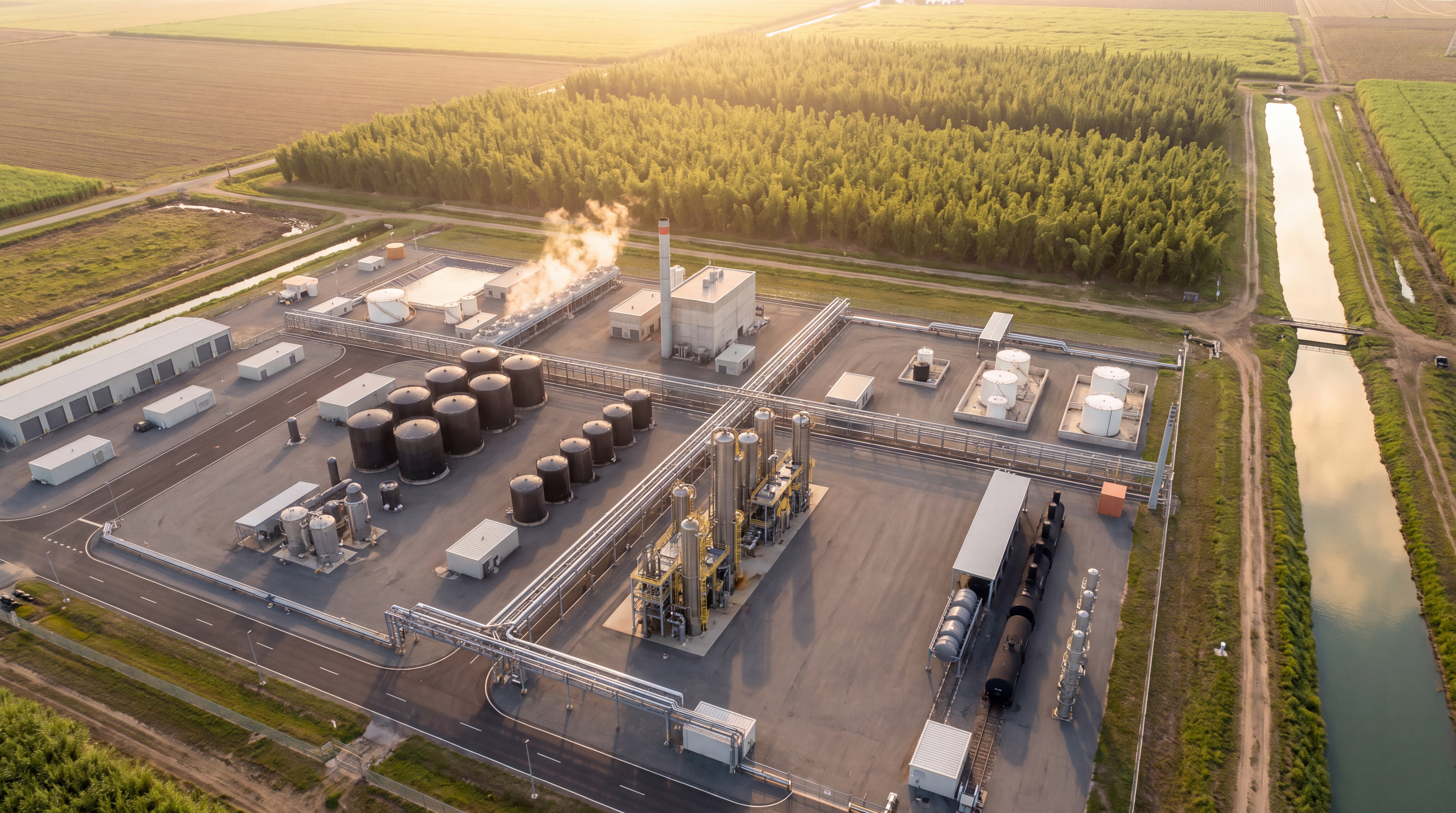 Aerial photograph of the PRISM Burdekin biorefinery site at golden hour, ringed by bamboo plantation